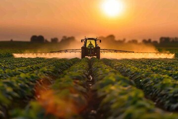 Agricultural tractor spraying pesticide on a farm field. Suitable for farming and agriculture concepts - obrazy, fototapety, plakaty