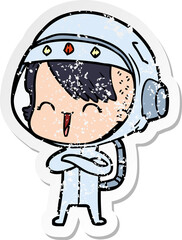 distressed sticker of a happy cartoon space girl