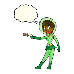 cartoon sci fi girl with thought bubble