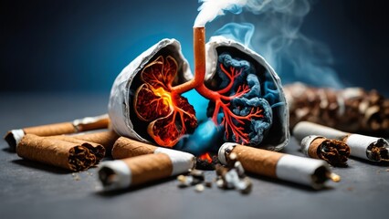Unhealthy lungs and breathing problems caused by smoking, the concept of World No Tobacco Day - obrazy, fototapety, plakaty