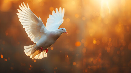 White Dove in Flight during Sunset with Light Maroon and Gold