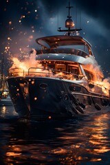 Luxury yacht on the river at night. 3d rendering - obrazy, fototapety, plakaty