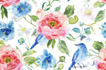 Seamless vintage watercolor with peonies and birds.