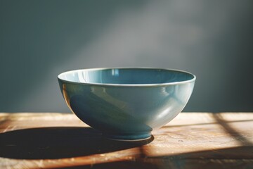 A blue bowl sitting on a wooden table. Perfect for kitchen or food-related designs