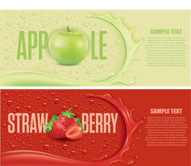 many fresh drops on red and green backgrounds with splash and apple and strawberry
