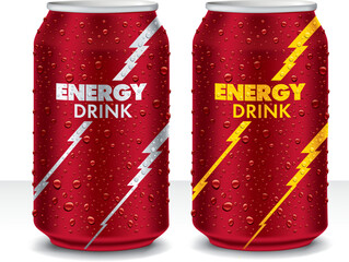 Red Energy drink tin can with many fresh juice drops. Template Tin package design	