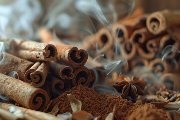Obraz na płótnie Canvas A pile of cinnamon sticks on a wooden table. Perfect for food and spice related projects