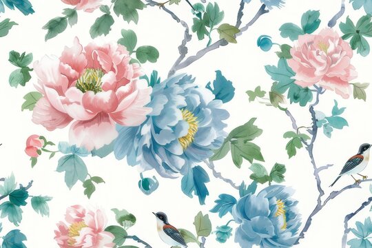 Seamless vintage watercolor with peonies and birds.