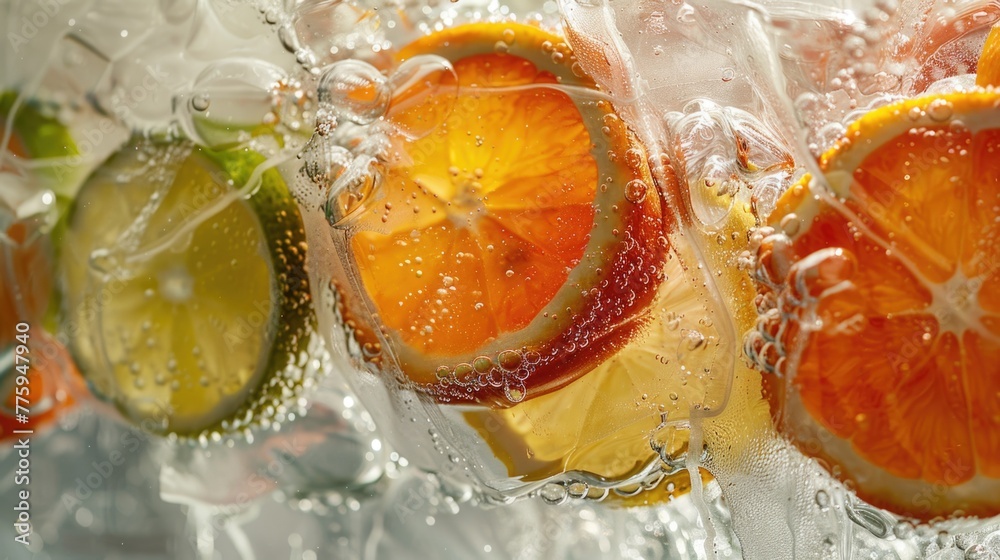 Poster fresh oranges and limes submerged in water. suitable for health and wellness concepts
