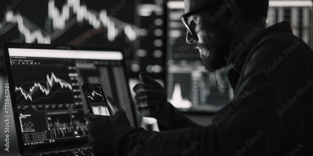 Poster Man using technology devices for communication and work purposes