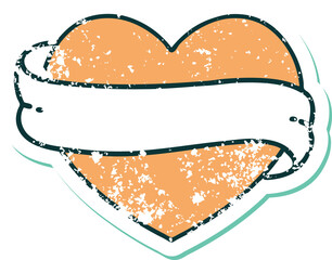 iconic distressed sticker tattoo style image of a heart and banner