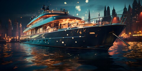 luxury yachts in the night city. 3d rendering - obrazy, fototapety, plakaty