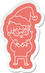 quirky cartoon  sticker of a boy wearing spectacles wearing santa hat