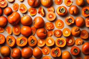 The intriguing pattern and vibrant orange color of a sliced persimmon, revealing its sweet, tender...