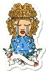 grunge sticker of a crying human barbarian with natural one d20 roll