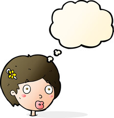 cartoon surprised female face with thought bubble
