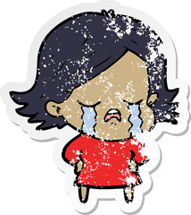 distressed sticker of a cartoon girl crying