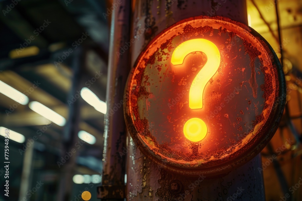 Poster A red light with a question mark symbol. Suitable for illustrating confusion or uncertainty