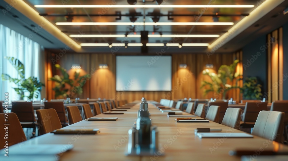 Poster A conference room with a projector screen in the background. Suitable for business presentations