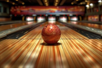 A bowling ball sitting on top of a bowling alley. Perfect for sports and recreation concepts