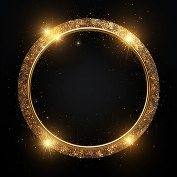 3d sparkling golden metal circle with shiny glitters isolated on black background. 