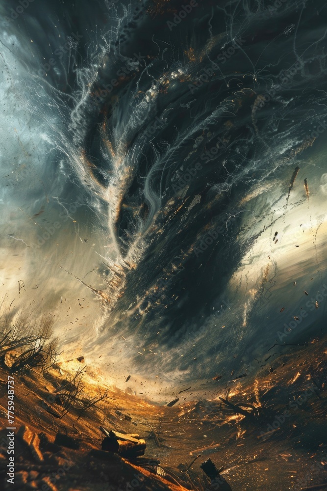 Poster a powerful tornado swirling in an open field, suitable for weather or disaster concepts