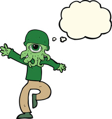 cartoon alien monster man with thought bubble
