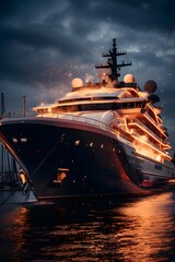 Cruise ship in the port of Odessa at night, Ukraine - obrazy, fototapety, plakaty