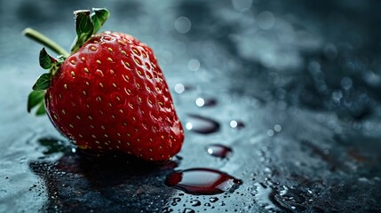 Detailed View of a Fresh Strawberry with Water Droplets on a Dark Surface - obrazy, fototapety, plakaty