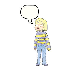 freehand speech bubble textured cartoon woman in casual clothes