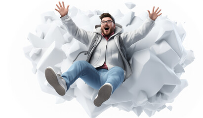 An excited man bursts through a wall of paper in a moment of penetrating creative energy.