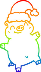 rainbow gradient line drawing of a cartoon happy christmas pig
