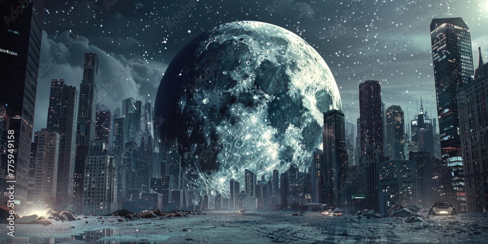 Poster a stunning view of a futuristic city with a giant moon in the sky. perfect for sci-fi and fantasy co