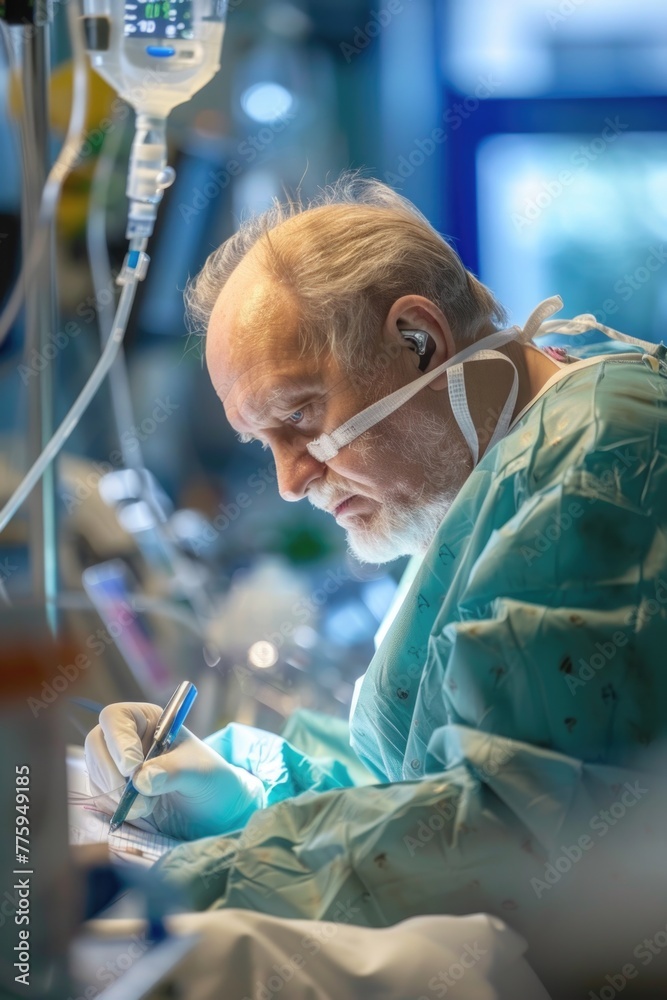 Poster man in hospital gown working on task. suitable for medical or technology concepts