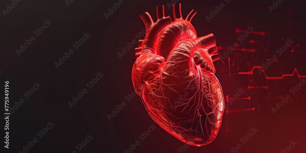 Poster a human heart with a circuit in the background, suitable for medical and technology concepts