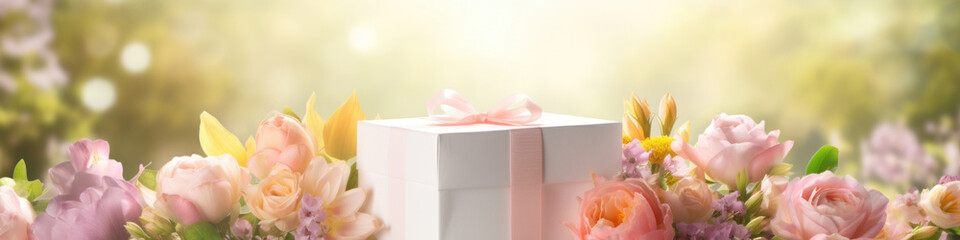 Wide view of a gift box with a bow stands in bouquets of flowers.