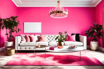 A bright pink living room with a statement chandelier and a blank white empty frame.