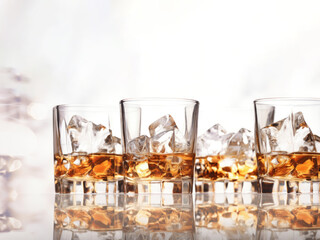A row of glasses of whiskey or scotch with ice on a white reflective water surface. - obrazy, fototapety, plakaty