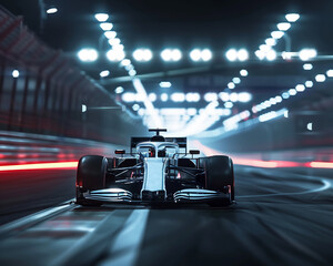 Night race, F1 championship, illuminated track, leading car, cockpit perspective, electrifying