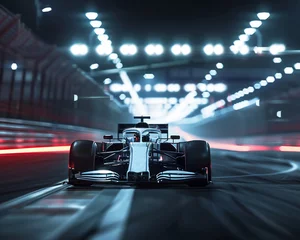 Photo sur Aluminium F1 Night race, F1 championship, illuminated track, leading car, cockpit perspective, electrifying