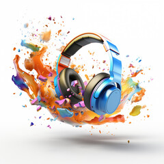 Colorful Explosion of Paint and Music With Blue Headphones in Artistic Representation