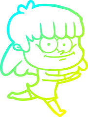 cold gradient line drawing of a cartoon smiling woman
