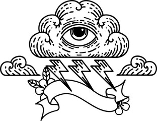 traditional black linework tattoo with banner of an all seeing eye cloud
