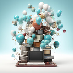 Quirky composition with piles of vintage objects and clusters of pastel balloons. with an open laptop Old and new technology concepts