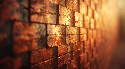 Brick wall retro style deep perspective abstract background gold color warm light