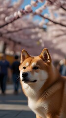  happy shiba inu dog sitting on a paved path surrounded by blooming cherry blossom trees