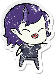 distressed sticker of a cartoon laughing vampire girl