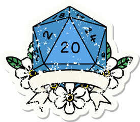 grunge sticker of a natural 20 critical hit D20 dice roll