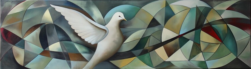 Dove of peace with open wings on a branch, beautiful modern art design illustration, cubist style drawing, concept of peace, hope, love and freedom, nice dynamic background evoking stained glass - obrazy, fototapety, plakaty