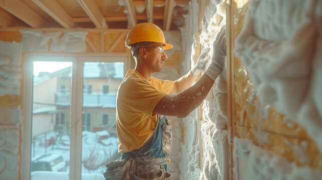 Construction workers are installing fiberglass insulation house walls.